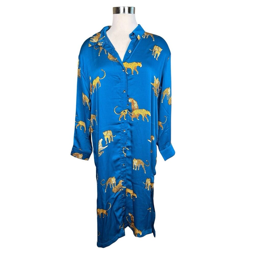 Umgee Silky Tiger Print Button Down Midi Dress NWT Sz S Blue